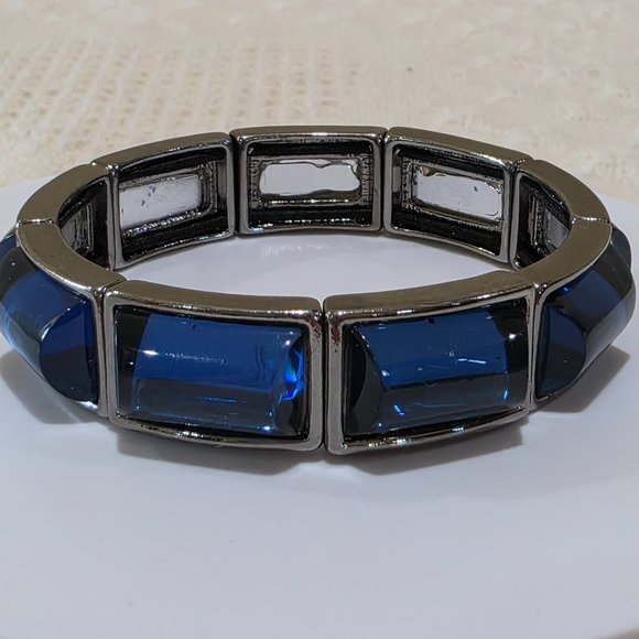 Navy Blue Dome Stones Charcoal Gray Link Stretch Modern Fashion Bracelet - Picture 11 of 12